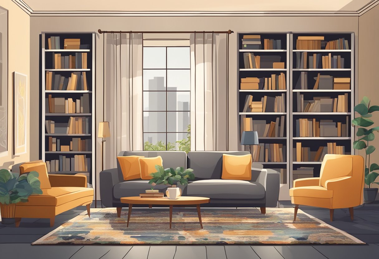 A cozy living room with a comfortable sofa, coffee table, and bookshelves filled with decorative items. A rug and floor lamp complete the inviting space