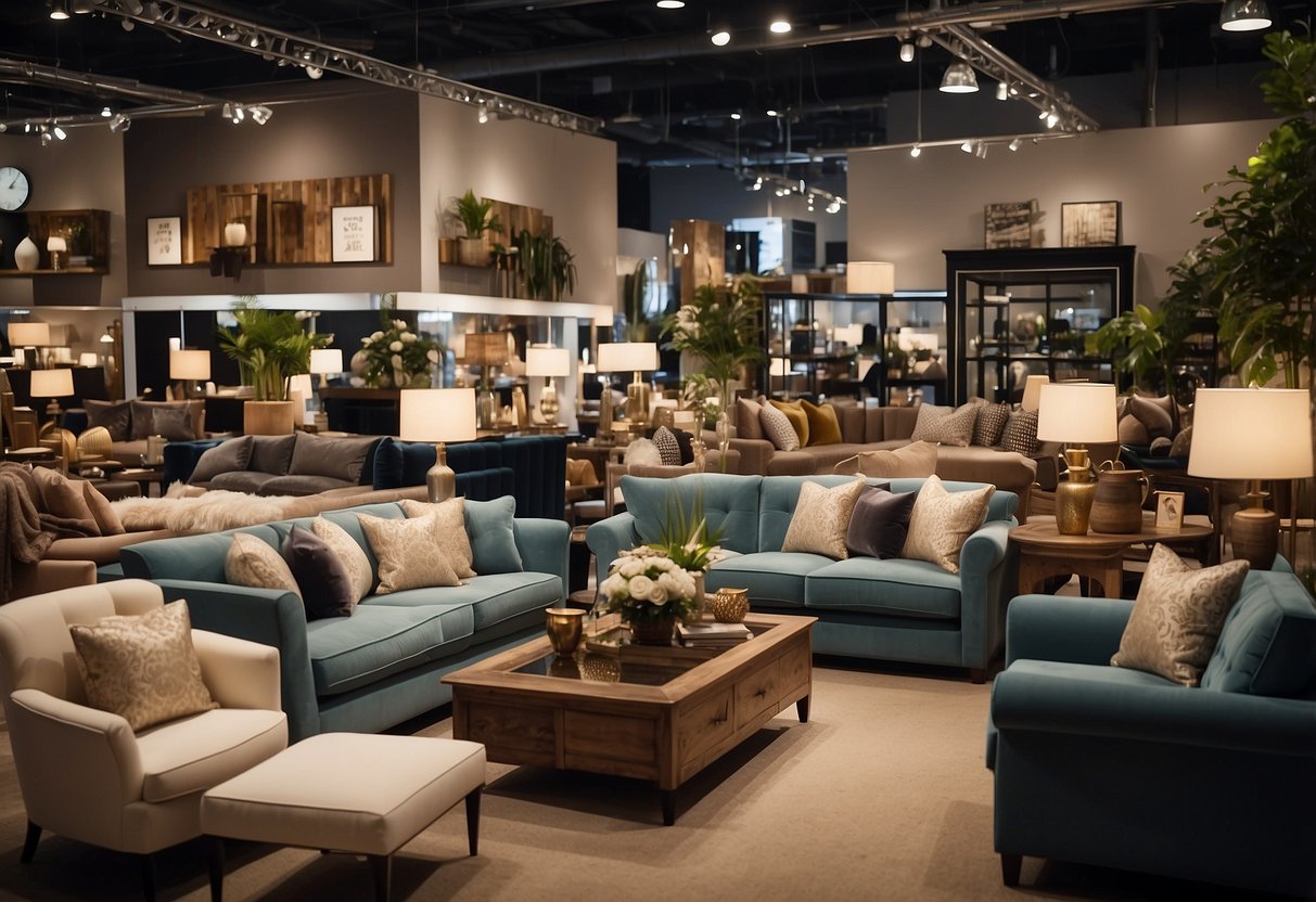 A bustling mega furniture shop with rows of stylish sofas, elegant dining sets, and modern bedroom furniture on display. Customers browse through the aisles, admiring the variety of home decor options