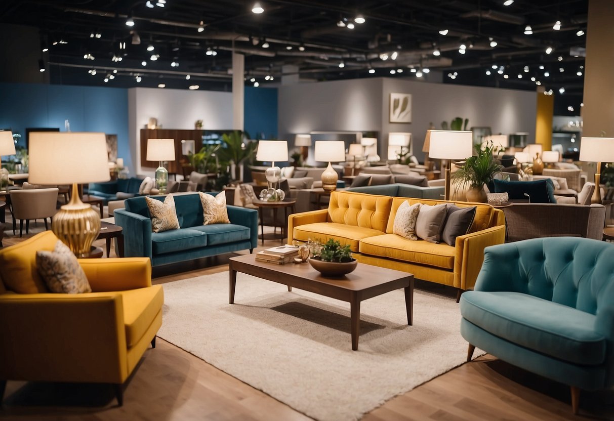 Customers browse aisles of modern and classic furniture. Bright lights showcase sofas, tables, and chairs. Shelves hold decorative items and home accessories