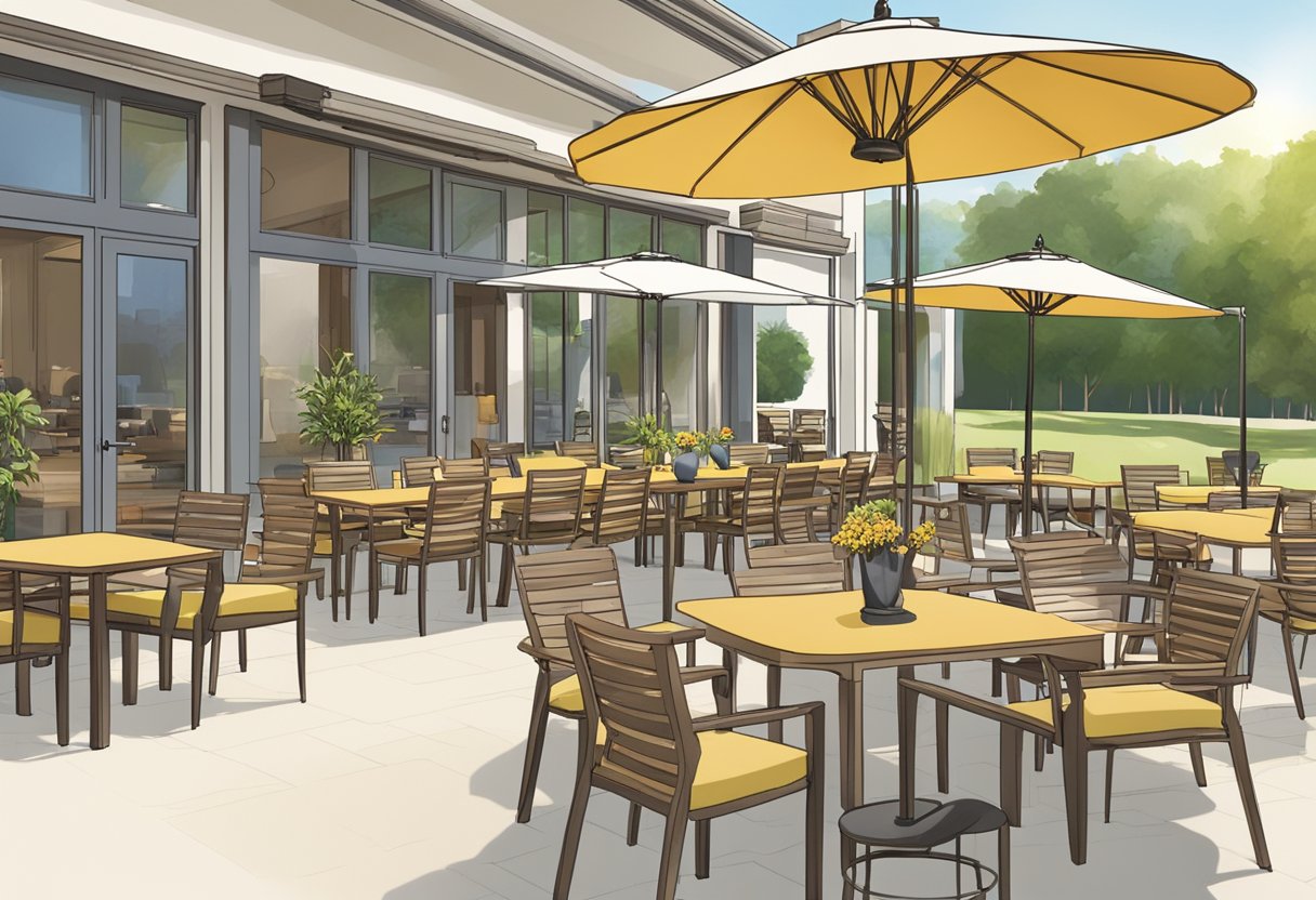 An outdoor furniture showroom displays a variety of tables, chairs, and umbrellas in a spacious and well-lit setting