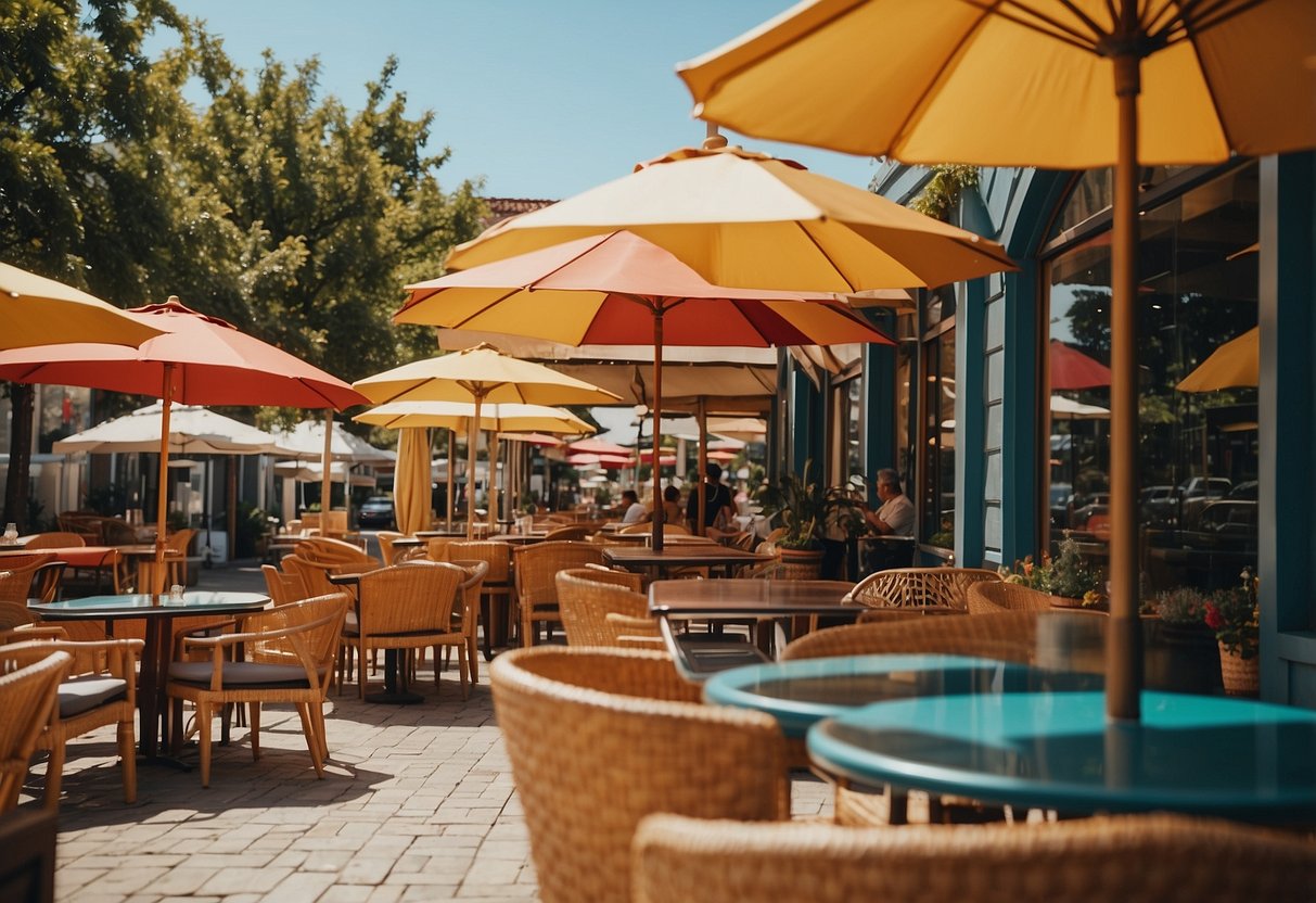 A bustling outdoor furniture shop with colorful umbrellas, wooden tables, and wicker chairs on a sunny day