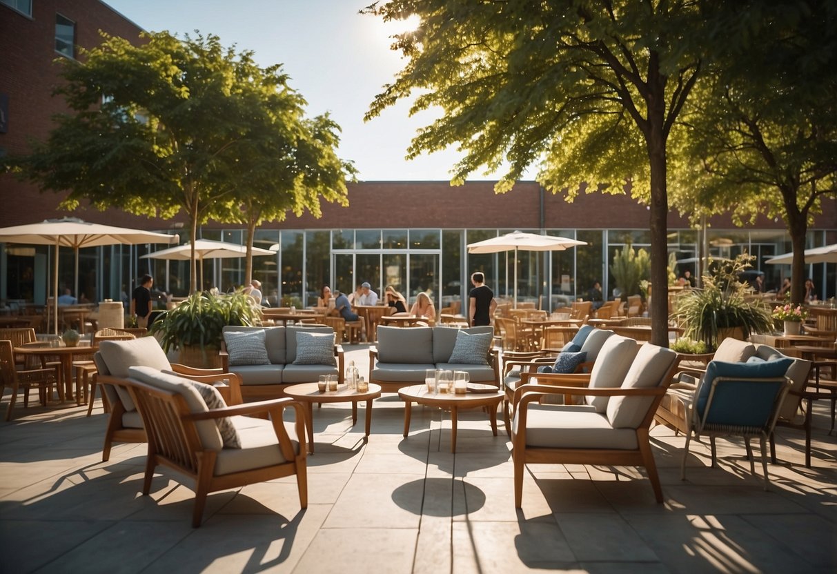 Customers browsing outdoor furniture in a spacious, well-lit shop with a variety of tables, chairs, and loungers on display