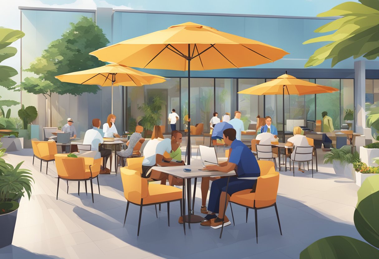 A sunny outdoor furniture showroom with cozy seating arrangements, colorful umbrellas, and attentive customer care staff