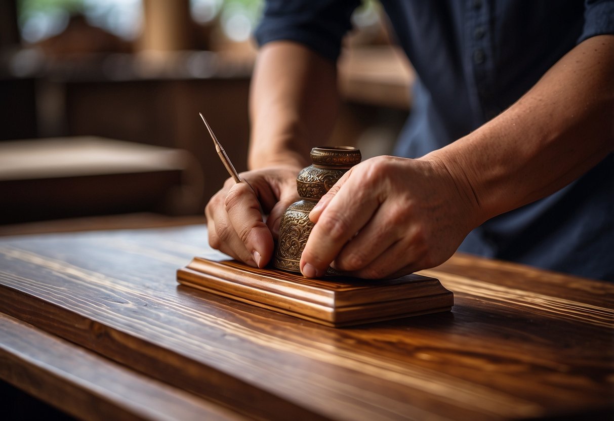 An artisan carefully applies layers of lacquer to a wooden furniture piece, using traditional Chinese techniques and tools