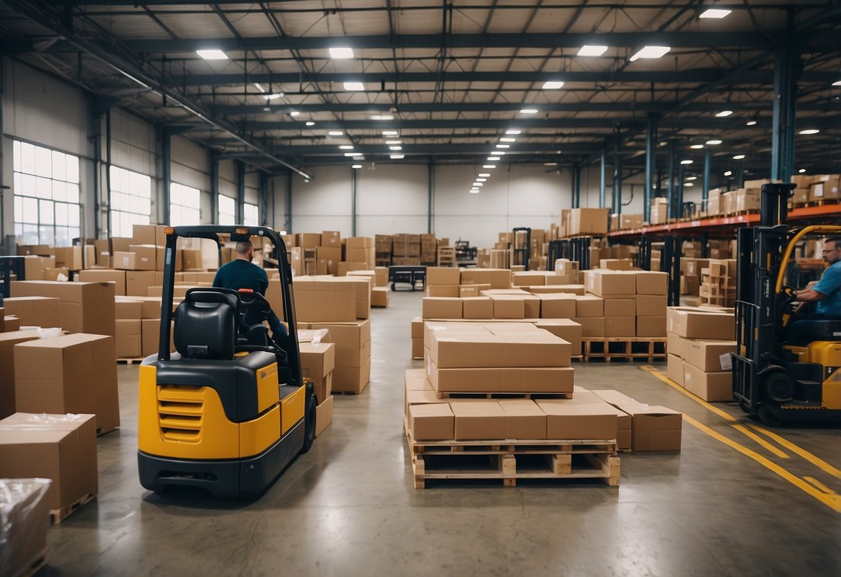 A busy furniture warehouse with forklifts moving large boxes and shelves stocked with various furniture collections
