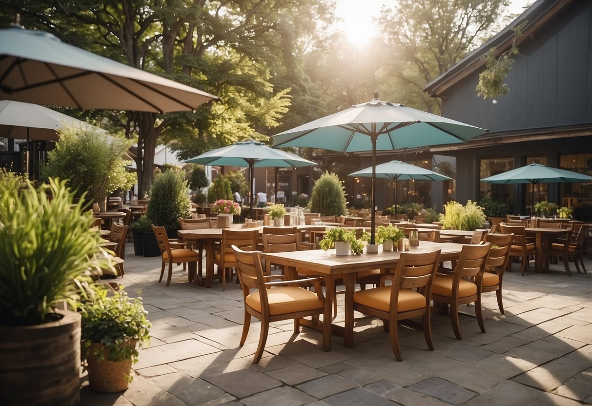 An outdoor furniture shop with a variety of seating, tables, and umbrellas displayed in a spacious, well-lit outdoor setting