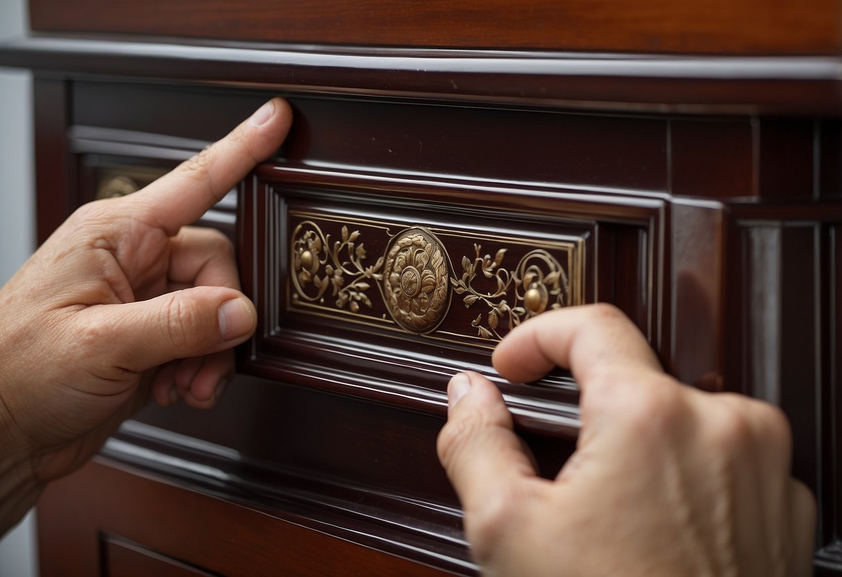 A skilled hand carefully applies a protective lacquer coating to a weathered Chinese cabinet, restoring its luster and beauty