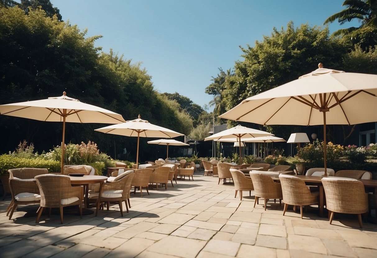 An outdoor furniture shop with a variety of chairs, tables, and umbrellas displayed in an open-air setting, surrounded by lush greenery and a clear blue sky