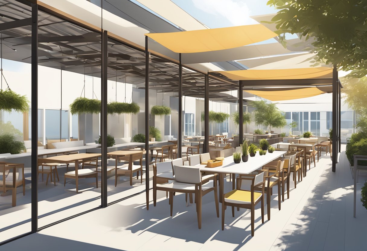 An outdoor furniture showroom with various seating and dining sets displayed under a large canopy. Bright sunlight illuminates the space, casting shadows on the sleek, modern designs