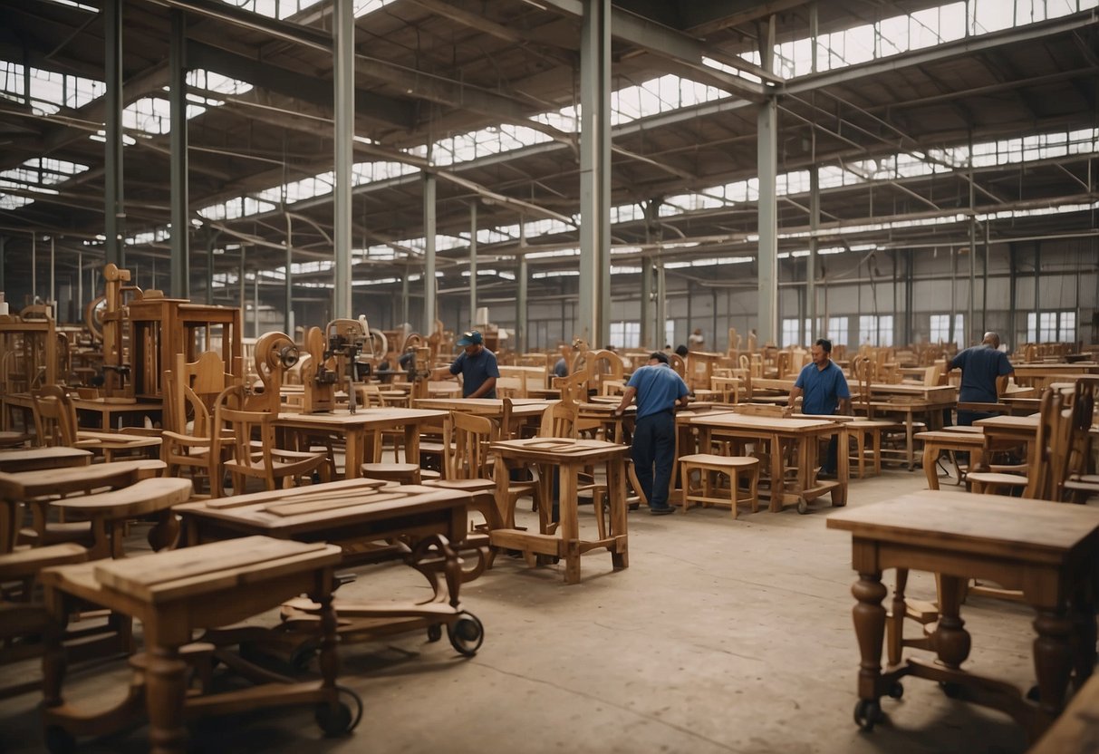 The royal palace furniture factory is bustling with workers assembling elegant chairs and tables. Machinery hums as wood is carved and polished to perfection