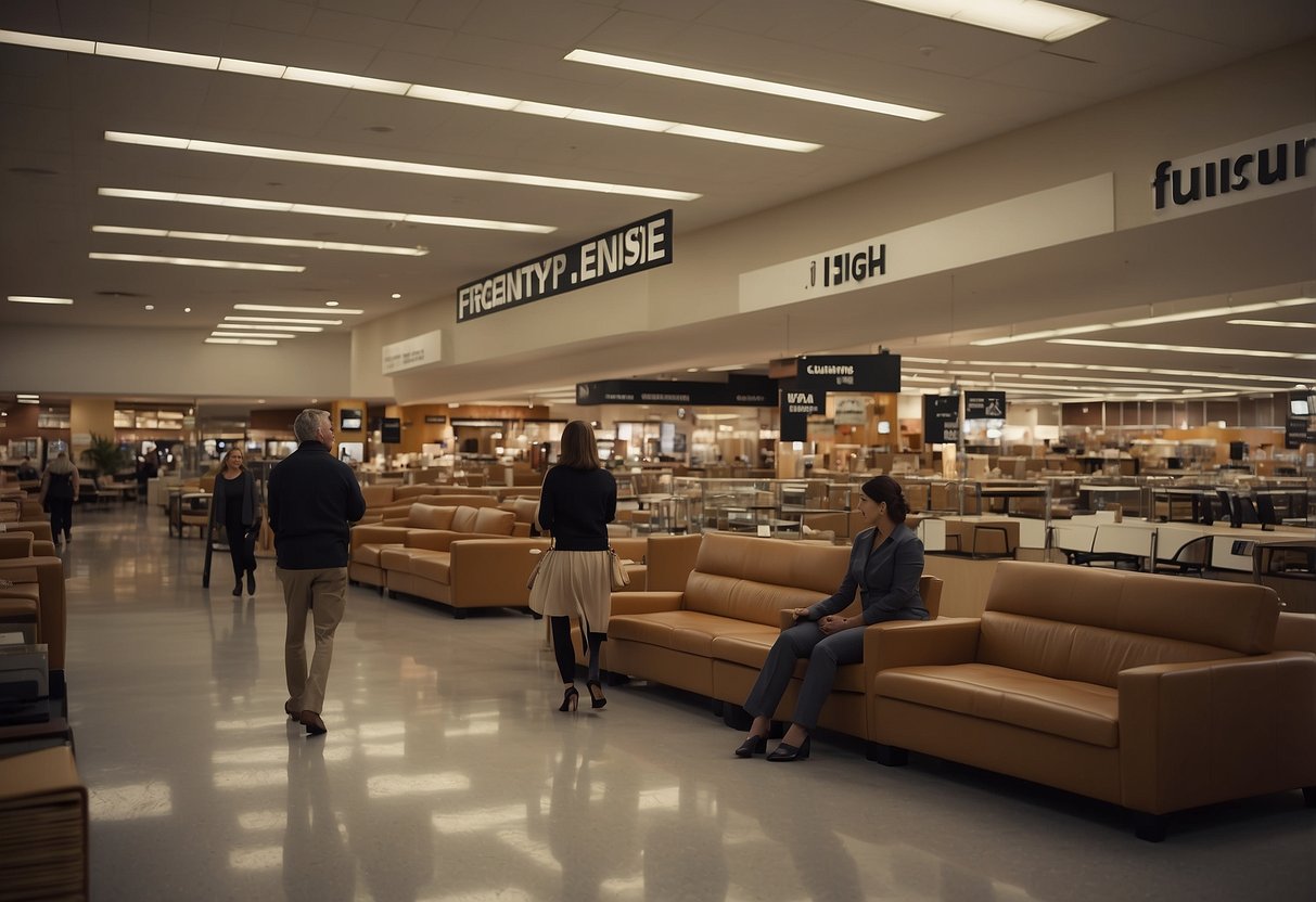 Customers browsing through aisles of furniture, staff assisting with inquiries, large "Frequently Asked Questions" sign displayed prominently