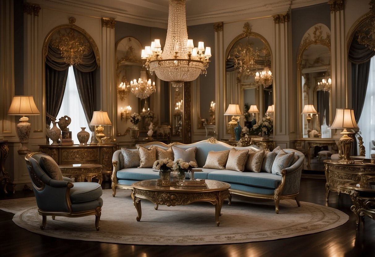 The Royal Palace Furniture Indust Co LLC depicts a spacious and elegant showroom filled with luxurious and ornate furniture pieces arranged in a tasteful and inviting manner. Rich fabrics, intricate carvings, and opulent finishes adorn the exquisite pieces, creating a reg