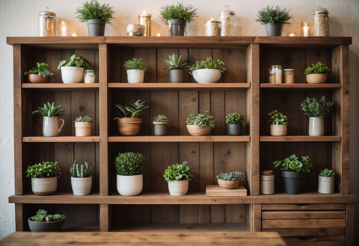 Rustic wooden shelves display handmade furniture in cozy country shops