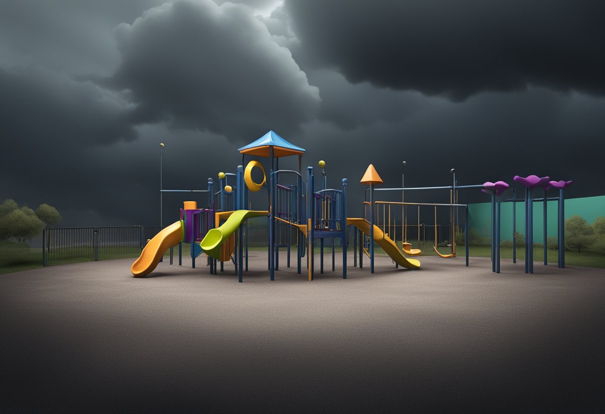 A deserted playground with a lone, abandoned toy. Dark clouds loom overhead, casting a sense of foreboding