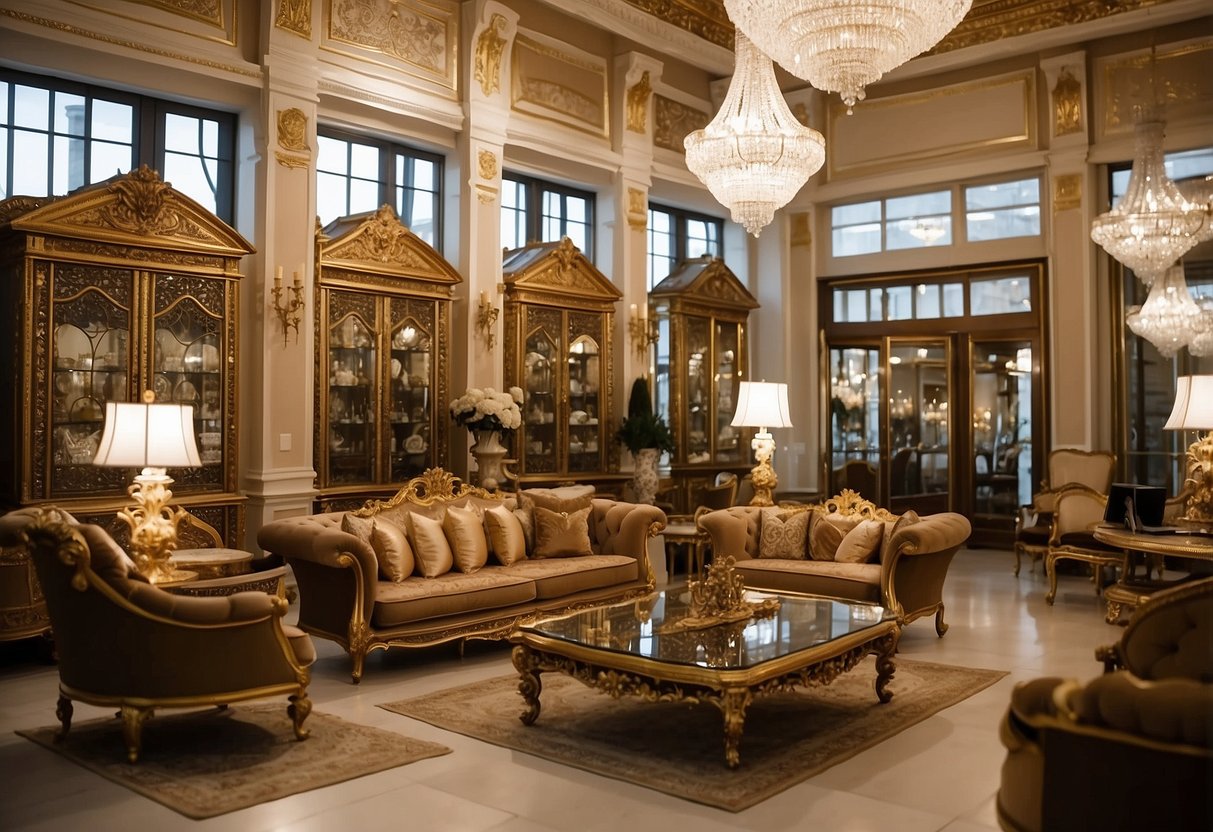 The grand royal palace furniture showroom displays luxurious and ornate pieces, with elegant designs and intricate carvings, showcasing the company's high-quality products and services