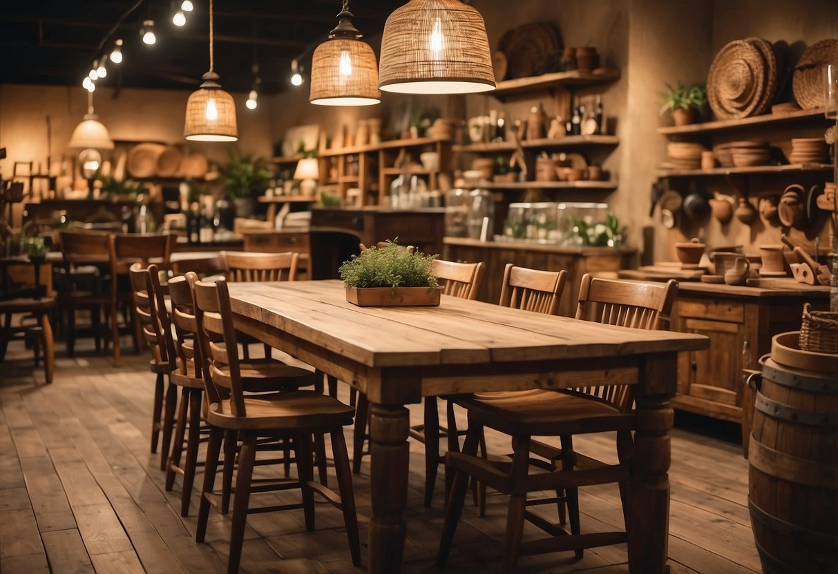Customers browse rustic wood tables, chairs, and cabinets in quaint country furniture shops. The warm, earthy tones and traditional craftsmanship create a cozy, inviting atmosphere