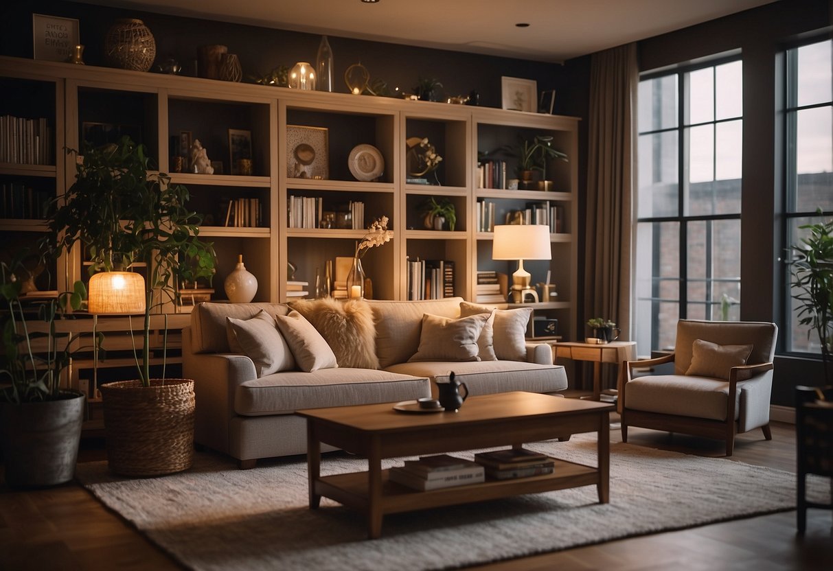 A cozy living room with elegant furniture and warm lighting, featuring a bookshelf filled with decorative items and a comfortable seating area