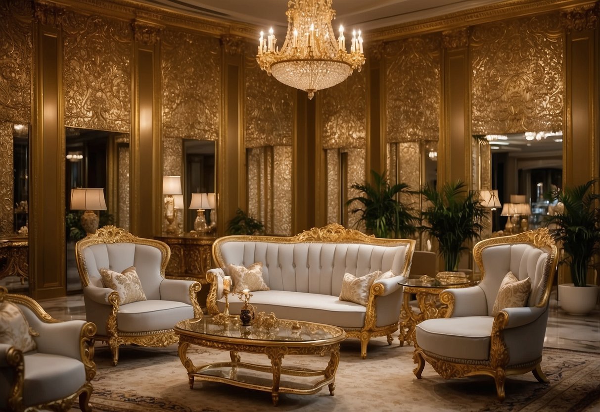 The royal palace furniture showroom is filled with elegant, ornate pieces. Gold and silver accents gleam in the soft lighting, while intricate carvings adorn the luxurious chairs and tables. Rich fabrics drape gracefully over the opulent furnishings