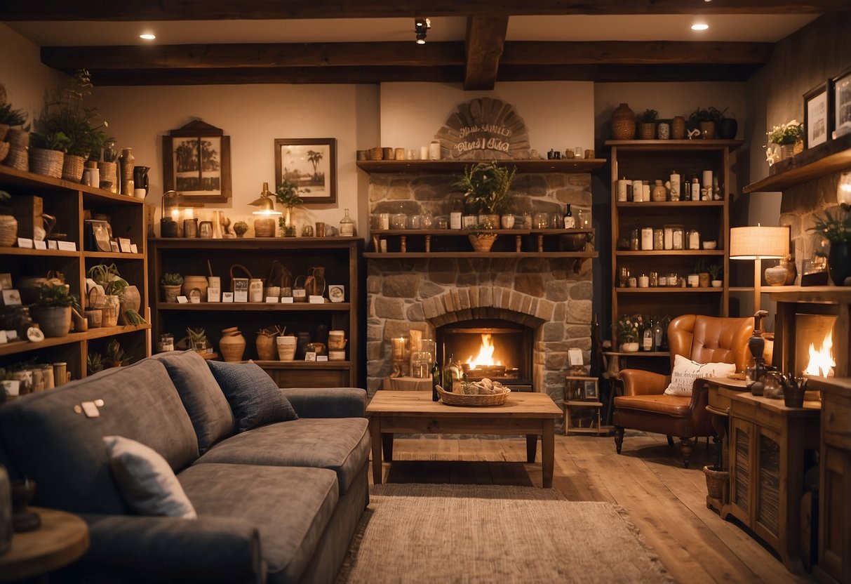 A quaint country furniture shop with rustic wooden shelves, cozy armchairs, and a warm fireplace. A friendly shopkeeper assists customers browsing unique handcrafted pieces