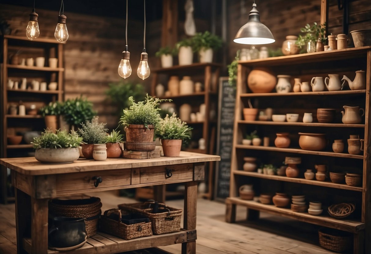 A cozy country furniture shop with rustic wooden shelves, vintage decor, and a warm, inviting atmosphere