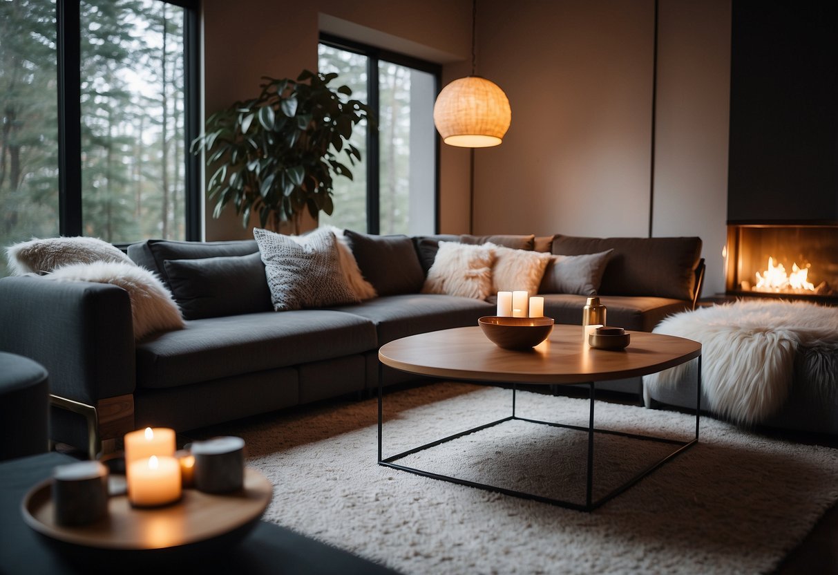 A cozy living room with sleek, modern sliff furniture, a plush rug, and soft, warm lighting