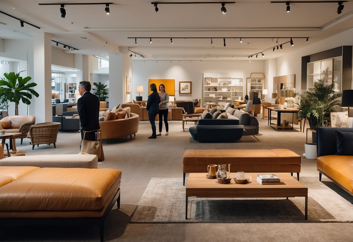 Customers browse UBI's furniture shop, admiring the variety of modern and classic pieces. The showroom is well-lit, with clean lines and inviting displays