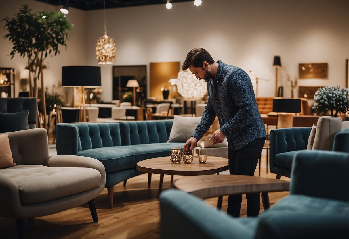A person browsing through various furniture options in a showroom, carefully examining each piece before making a decision