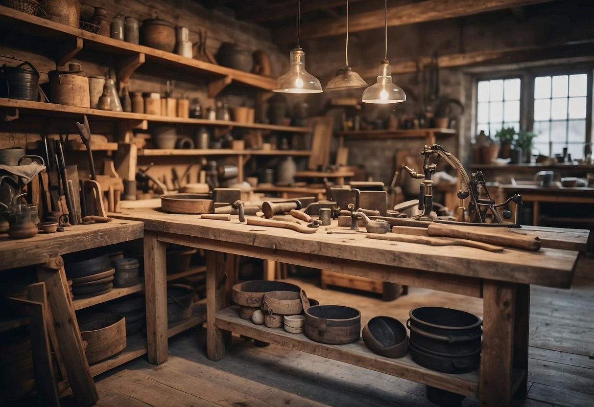 A rustic workshop with handcrafted tools and raw materials, showcasing the origins of Sliff Furniture