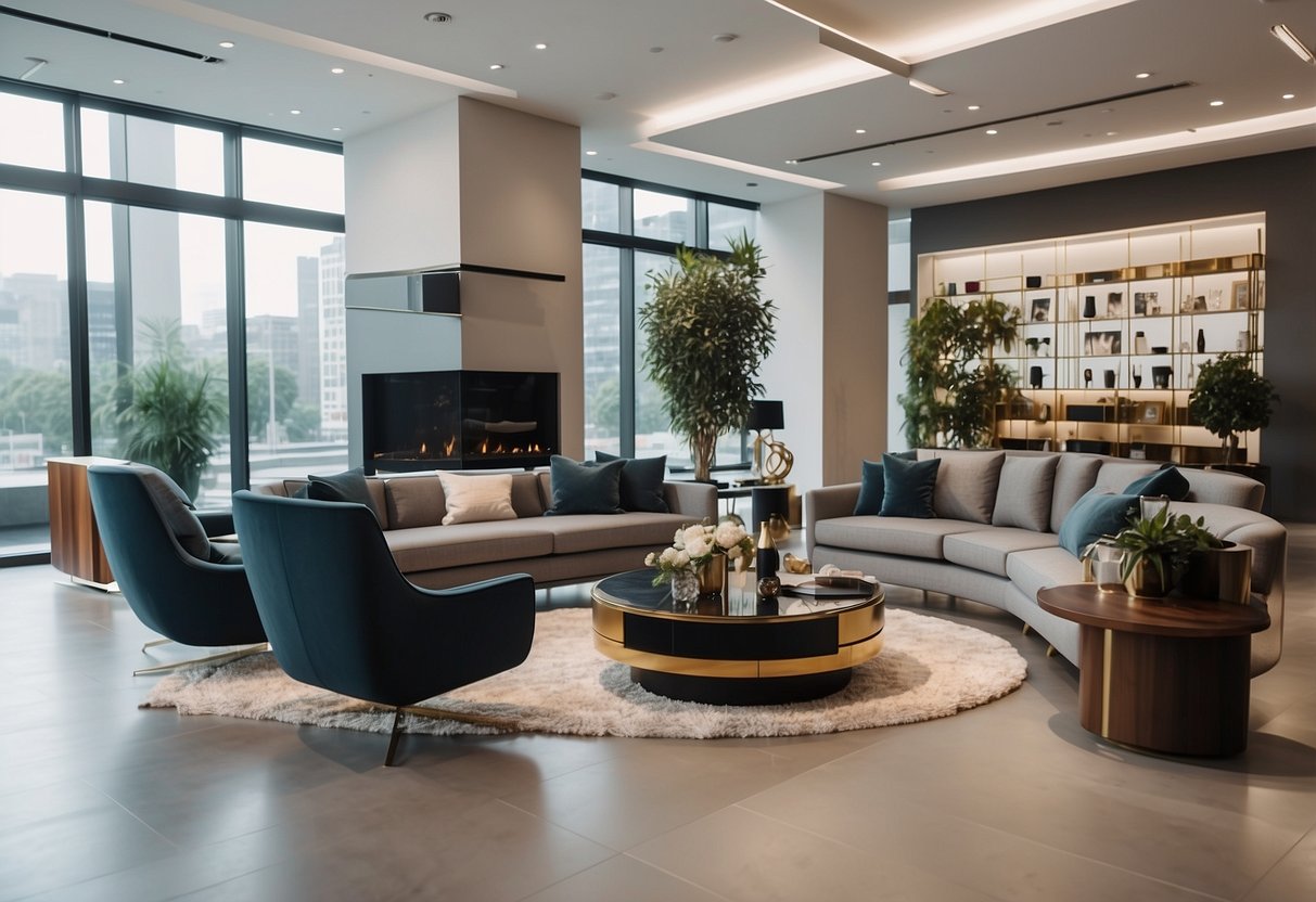 A modern showroom with sleek furniture displays and clean design elements