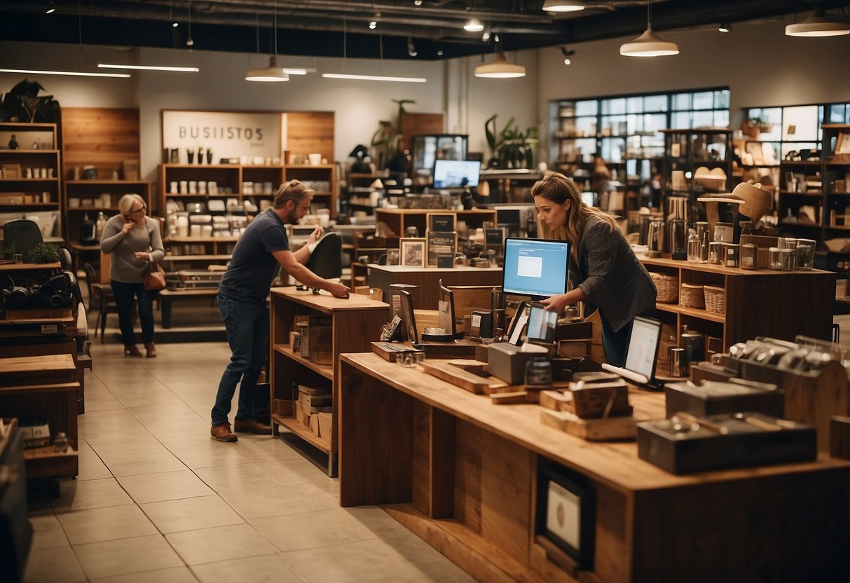 A bustling furniture shop with customers browsing, staff assisting, and shelves stocked with various items. Signs and displays highlight frequently asked questions