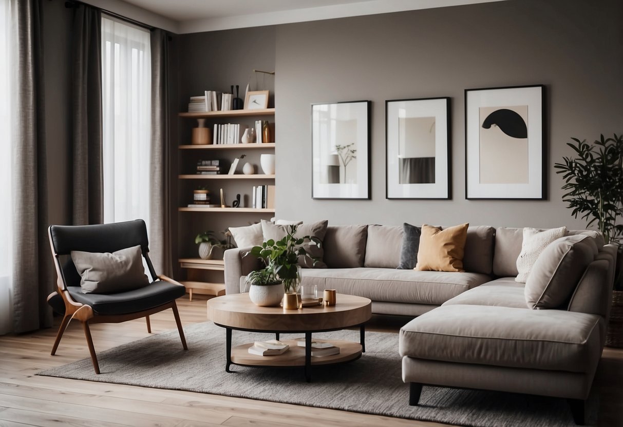A cozy living room with modern furniture, including a sleek sofa, elegant coffee table, and stylish bookshelf, creating a welcoming atmosphere for guests