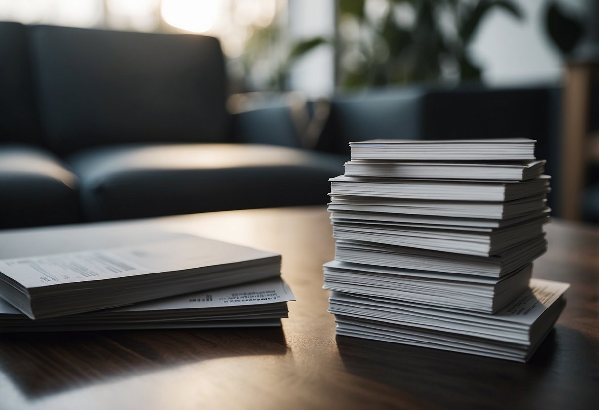 A stack of FAQ cards next to sleek modern furniture pieces