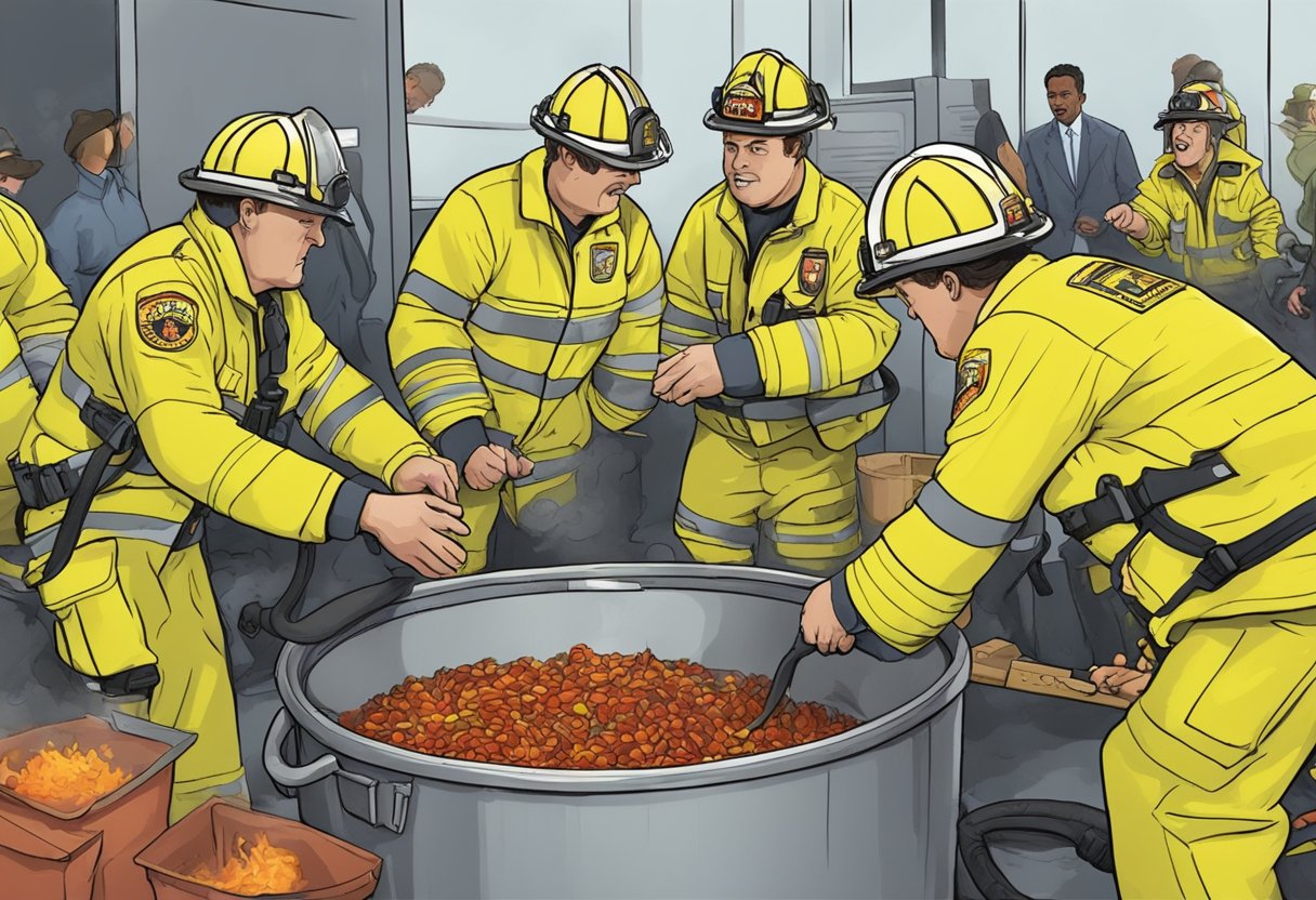 Andy fell into a vat of chili at the fire station, causing chaos and hilarity among the crew