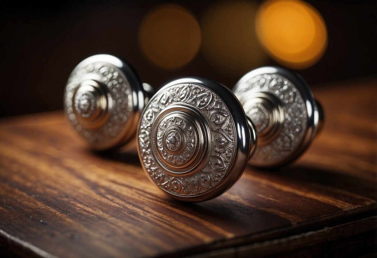 Silver furniture knobs gleam on a dark wooden cabinet, catching the light and adding a touch of elegance to the room