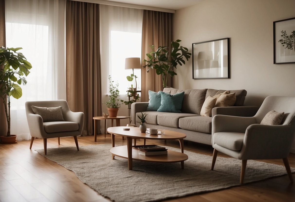 Furniture arranged in a cozy living room: sofa, coffee table, armchair, and bookshelf. Curtains are drawn, and a warm light fills the space