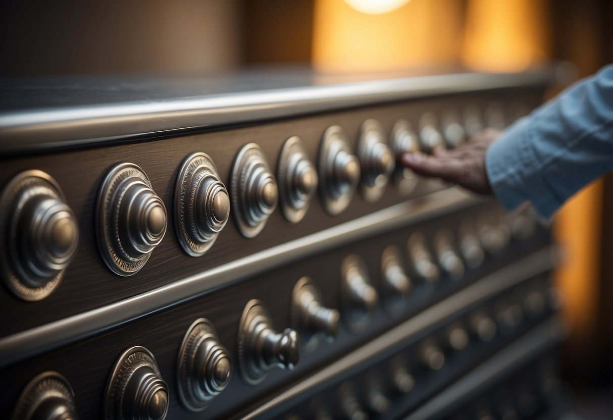 A hand reaches for a shiny silver furniture knob among various options on a display shelf