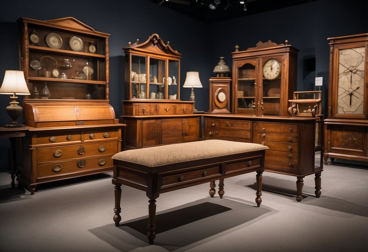A timeline of settle furniture from ancient to modern times, with various styles and designs displayed in a museum setting