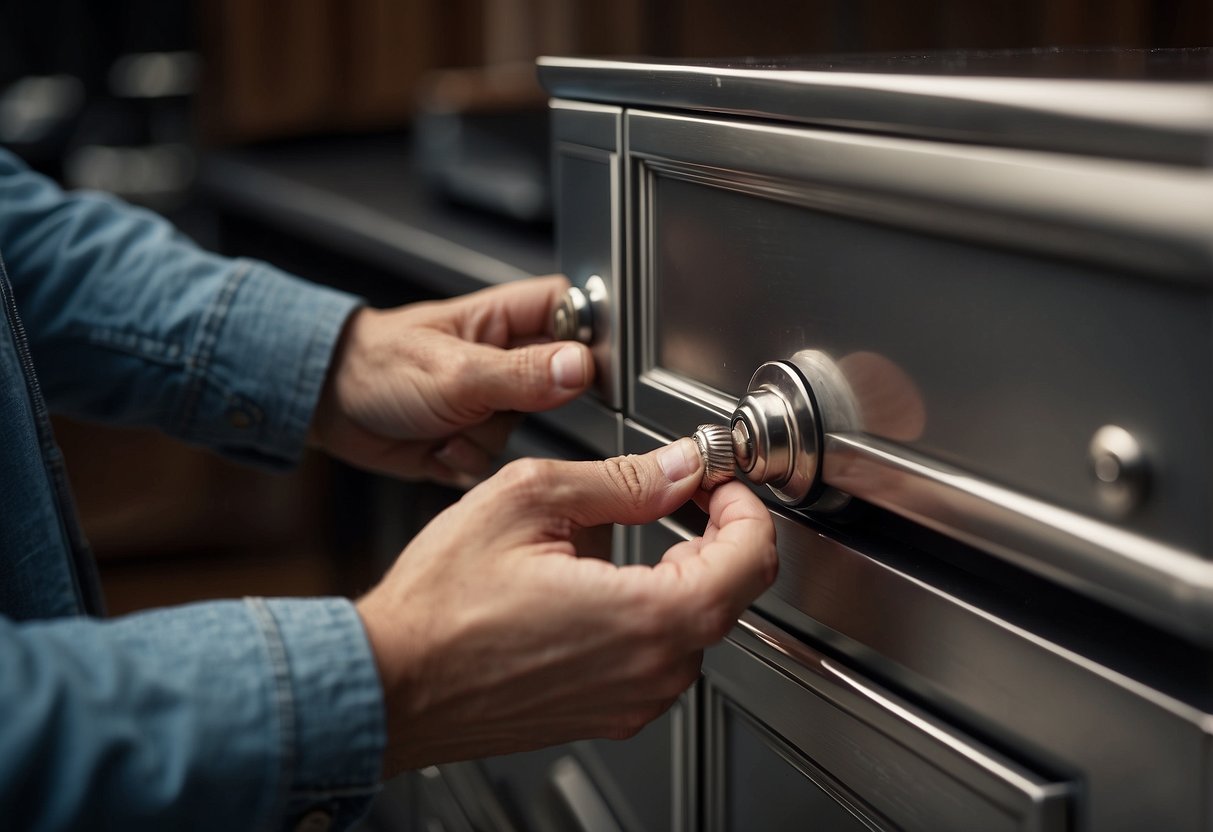 A hand reaches for a silver furniture knob, carefully installing it onto a drawer. A second hand polishes the knob, ensuring its shine