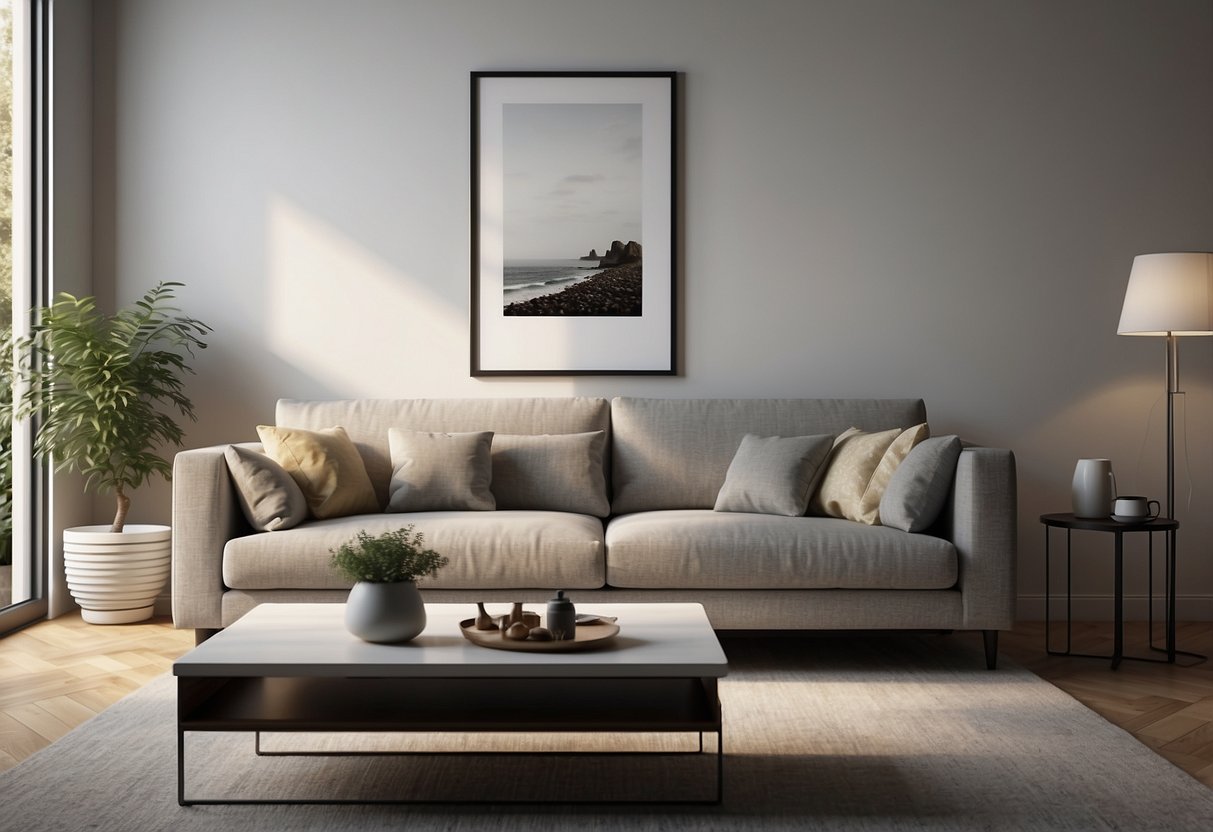 A sleek, modern sofa and coffee table arranged in a minimalist living room with clean lines and neutral colors