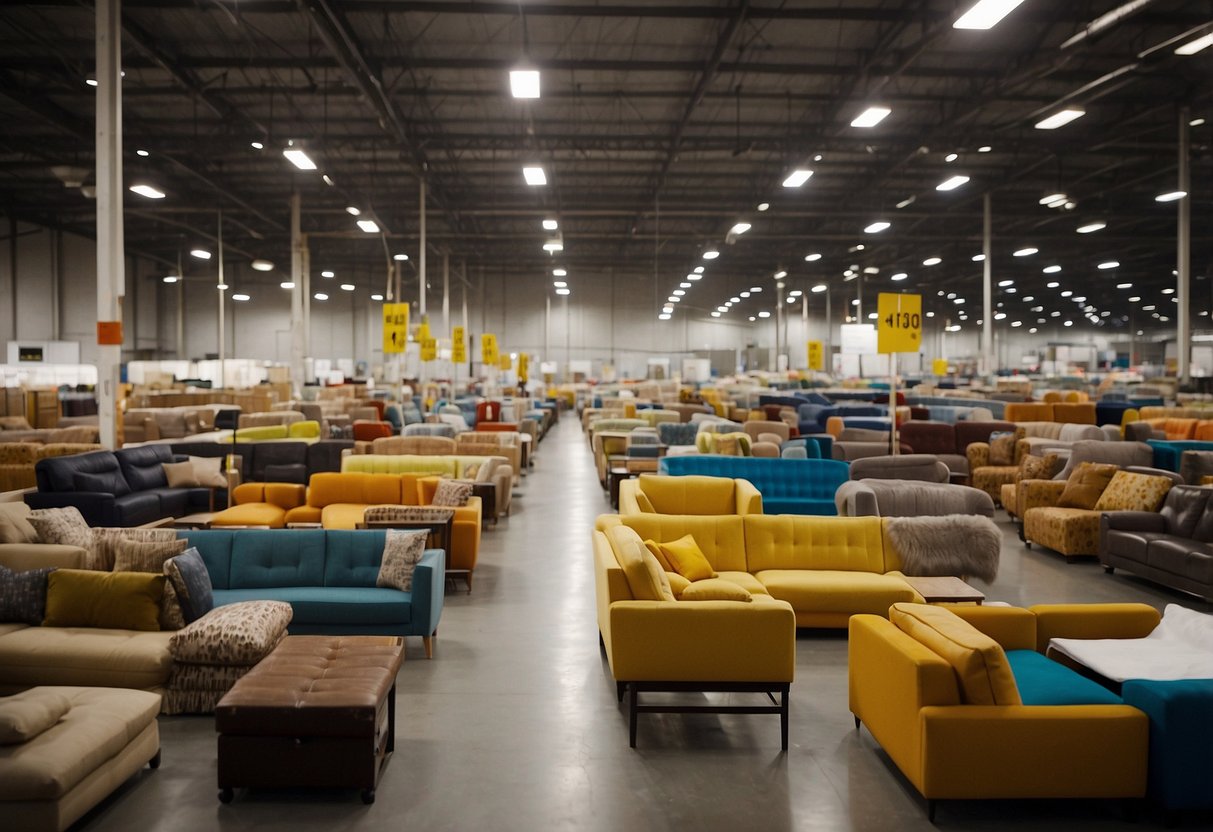 Rows of discounted sofas, tables, and lamps fill the vast warehouse space, with bright sale signs hanging from the ceiling