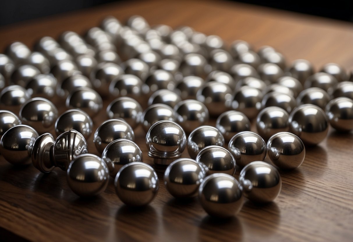 Several silver furniture knobs arranged neatly on a wooden table with a stack of FAQ pamphlets beside them
