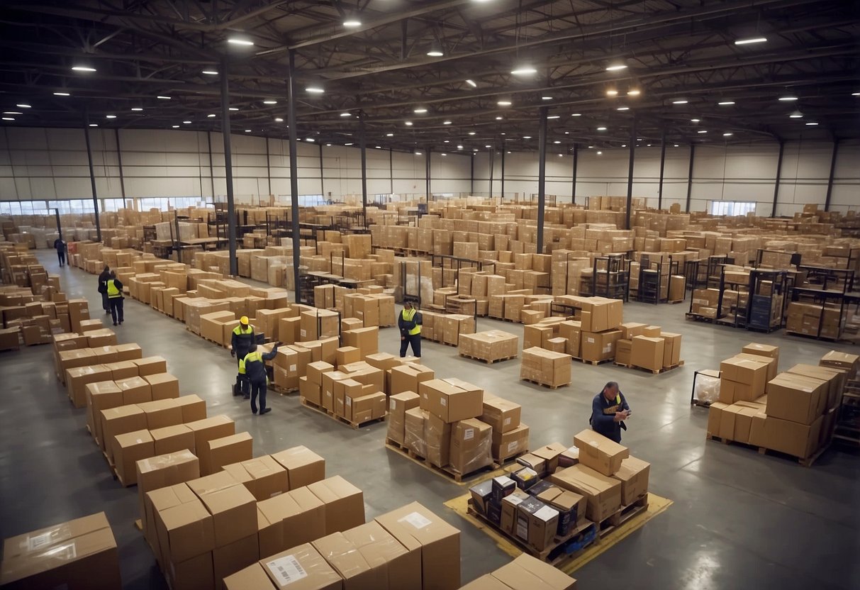 Customers browsing through rows of discounted furniture, with sales staff assisting and packaging items. Bright overhead lights illuminate the spacious warehouse