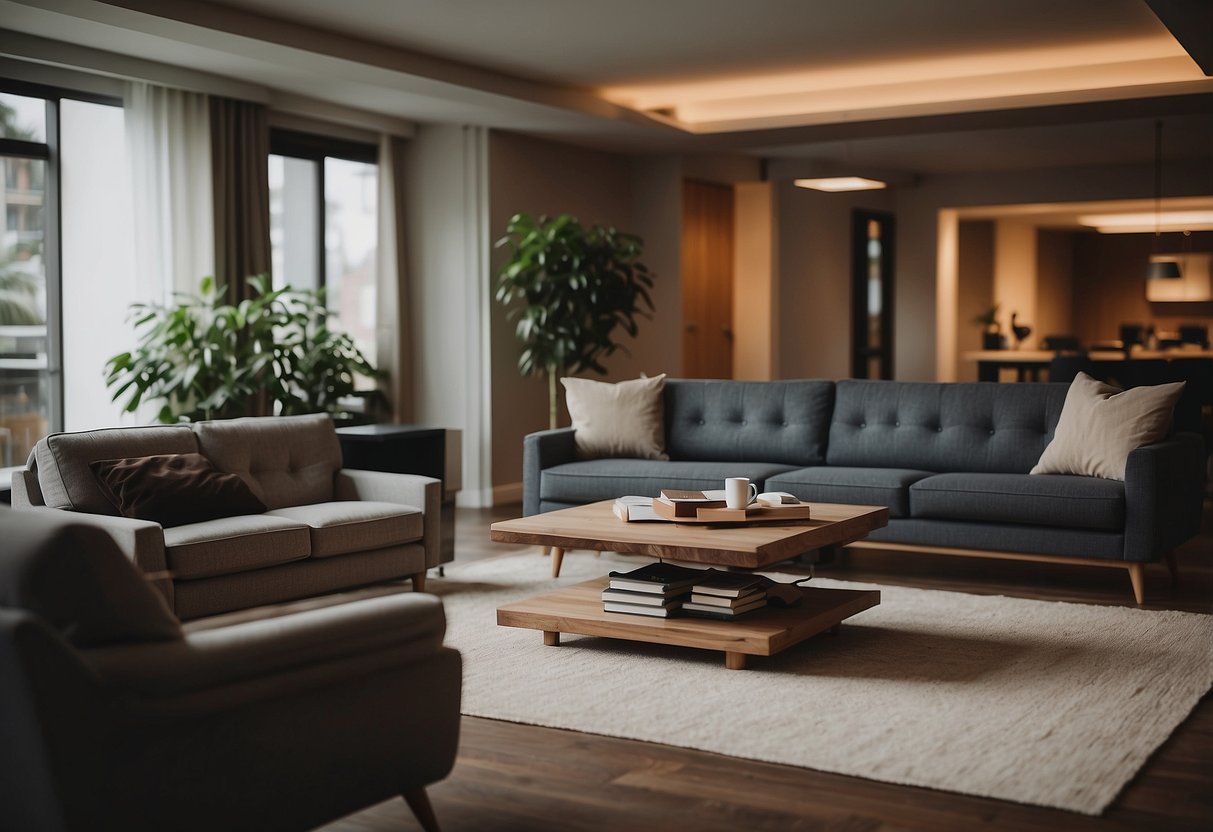 Furniture being arranged and settled in a room, with a stack of frequently asked questions nearby