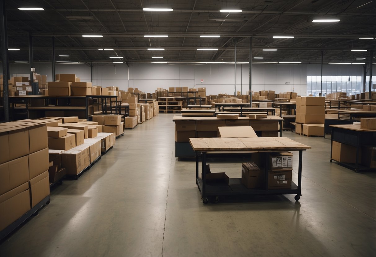 Empty warehouse with scattered furniture, price tags, and a checkout counter. Signs indicate "After-Purchase Considerations" sale