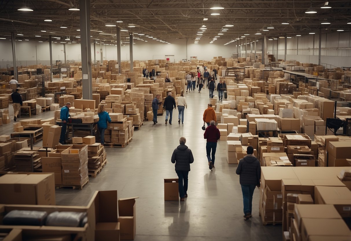 A bustling furniture warehouse sale with customers browsing, staff assisting, and signs indicating "Frequently Asked Questions" section