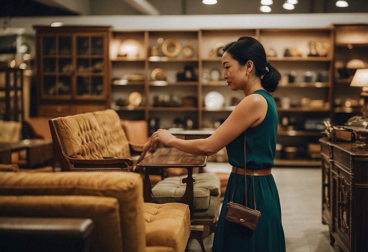 A customer browses through vintage furniture at Second Charm Furniture in Singapore