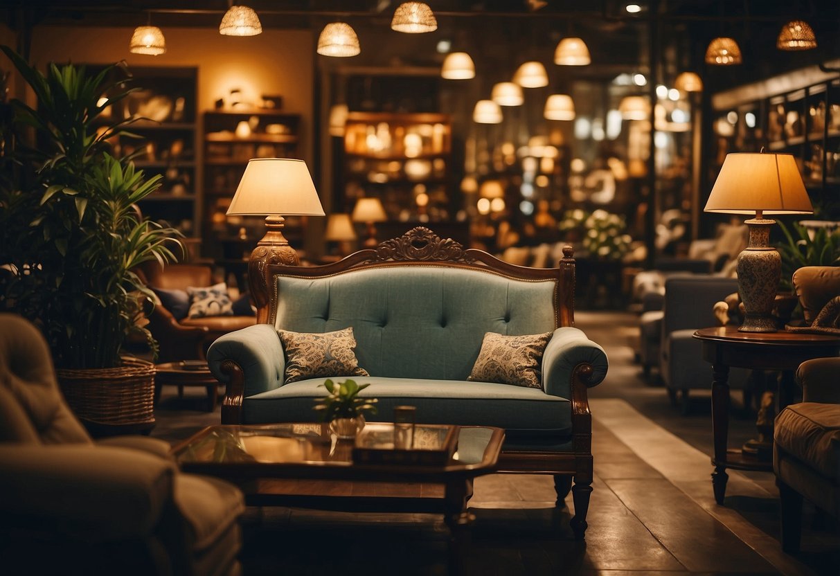A cozy furniture shop in Singapore, filled with vintage pieces and unique treasures. The warm lighting highlights the intricate details of the second-hand furniture, creating a welcoming atmosphere