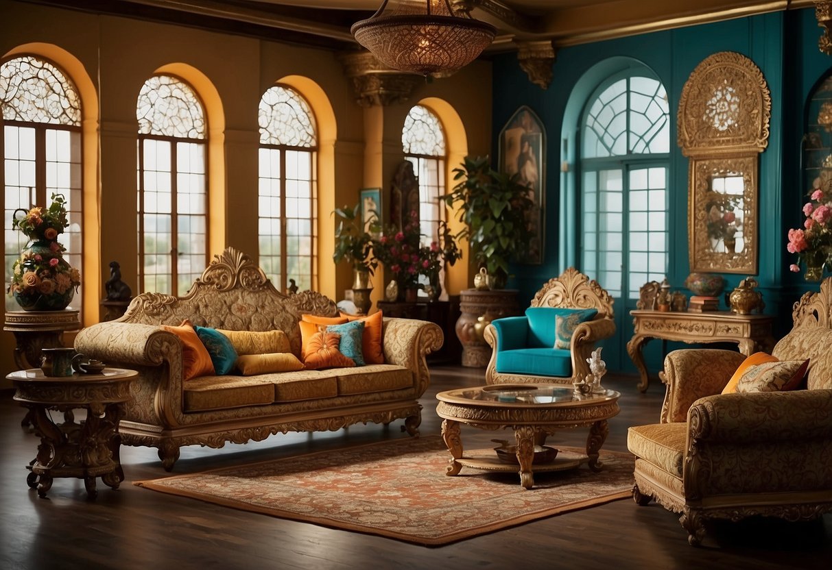 A room with unique, handcrafted furniture, each piece displaying intricate designs and vibrant colors, creating a visually stunning and artistic environment