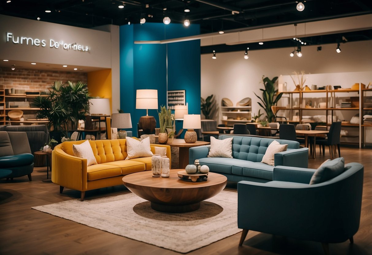 A spacious, modern furniture store with sleek designs and vibrant colors, showcasing a variety of sofas, chairs, tables, and home decor