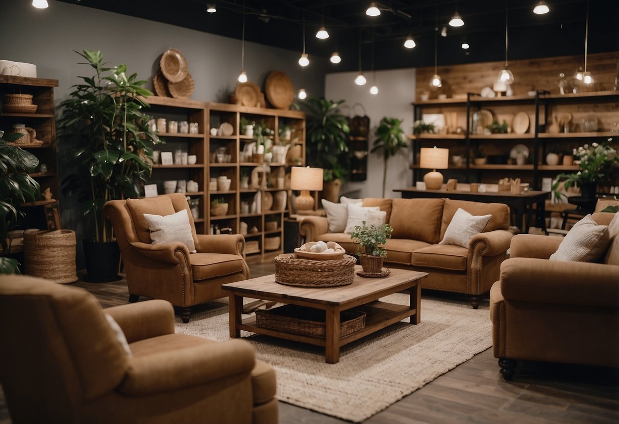 A cozy furniture store with 2nd charm decor, shelves neatly arranged, customers browsing, and a friendly staff member assisting